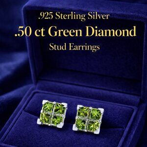 .50ct Green Diamond Earrings Set In .925 Sterling Silver, Stud Earrings
